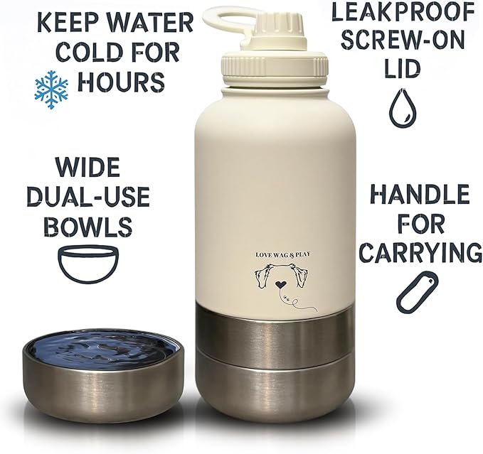 Love Wag & Play Dog Water Bottle Portable – 2 in 1 Stainless Steel Bowl for Food, Water – Leakproof Portable Water Bowl for Dog with Carry Loop – Detachable Design – Ideal for Kibble, Treats (Brown)