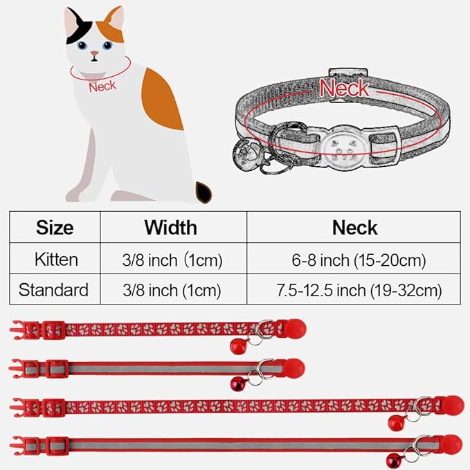 Taglory Reflective Cat Collar Breakaway with Bells, 2 Pack Girl Boy Pet Cat Collar Adjustable 7.5-12.5 Inch, Red
