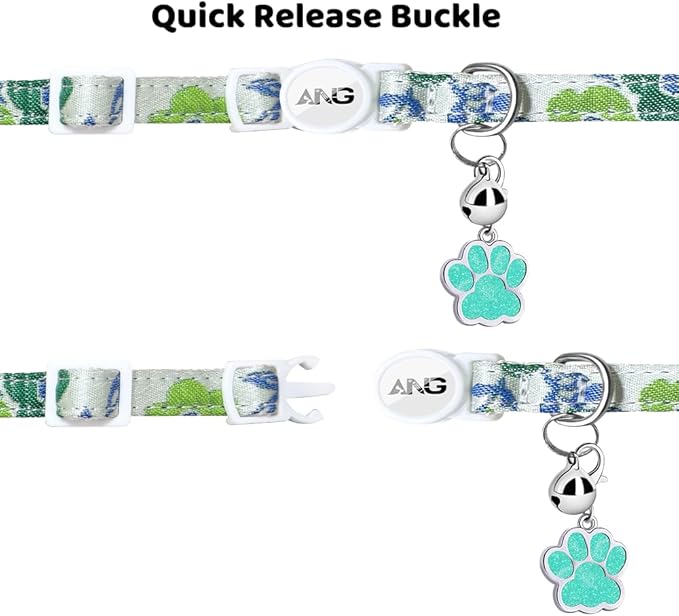 Personalized Breakaway Cat Collars - ID Tag, Bell, Bowtie - Safety Quick-Release, Customized for Girls & Boys Cats (Floral Pattern-Green)