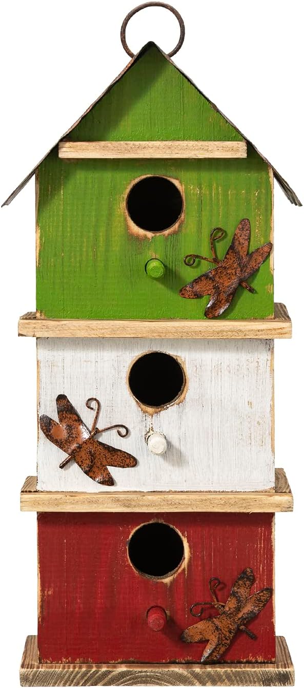Glitzhome 13.75" H Multicolored Three-Tiered Distressed Solid Wood Birdhouse Garden Hanging Bird House for Outdoors