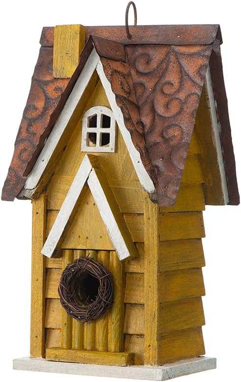 Glitzhome 12" H Yellow Distressed Solid Wood Cottage Birdhouse Hanging Bird House for Outdoors