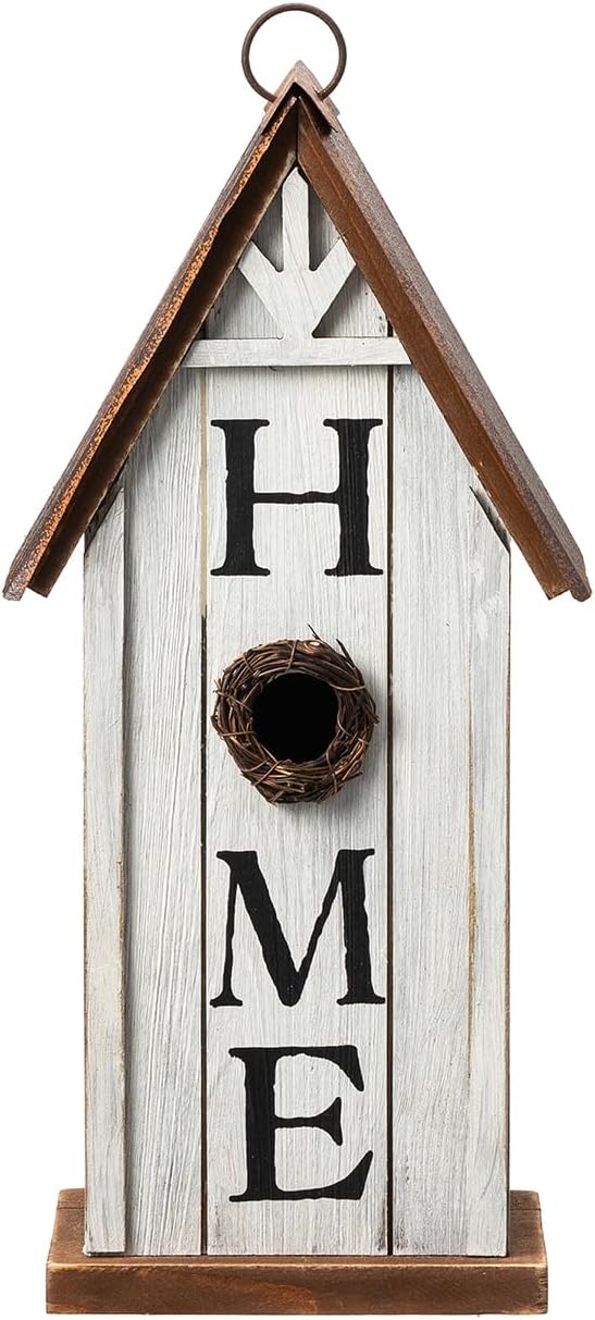 Glitzhome Decorative Bird Houses for Outdoors,14.75" H Distressed Bluebird House Solid Wood Hanging Bird House Home Inspiration Decorative Pet Cottage Outdoor Garden Birdhouse,Washed White