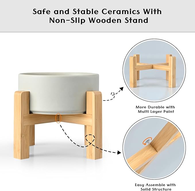 SPUNKYJUNKY Ceramic Elevated Dog Bowls 2 Pack - 8.3inch Raised Dog Bowls with Non-Slip Wooden Stand for Large Dogs Dishwasher Safe(Grey,60OZ*2)