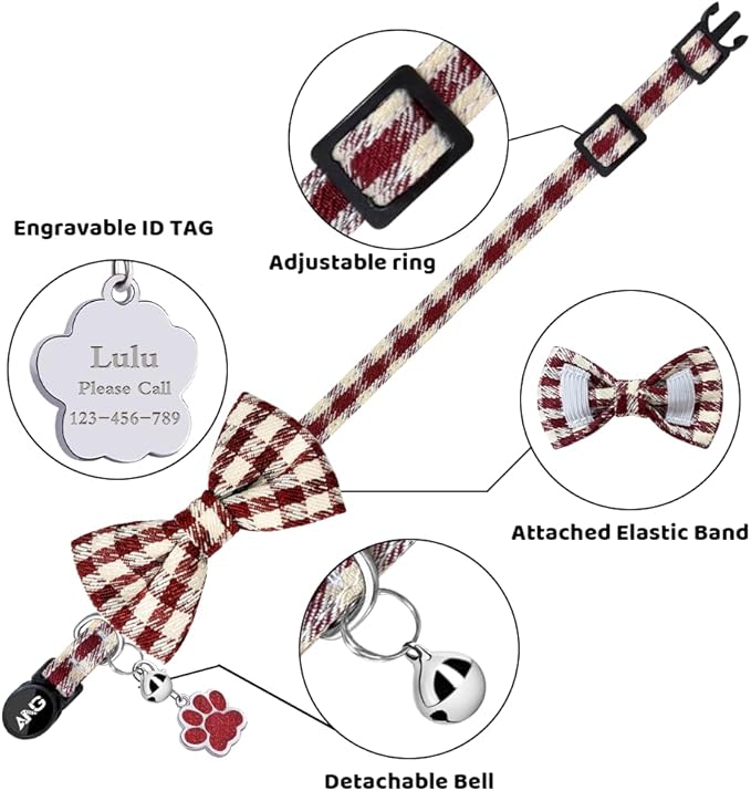 Personalized Breakaway Cat Collars - ID Tag, Bell, Bowtie - Safety Quick-Release, Customized for Girls & Boys Cats (Houndstooth-Wine Red)