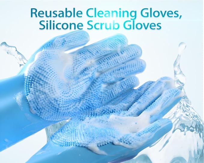 2 pairs Silicone Dishwashing & Pet Grooming Gloves - 2-in-1 Heat Resistant Gloves with High-Density Teeth, Enhanced Five Finger Design for Bathing, Cleaning Dishes, Cars, Dogs & Cats (Blue)