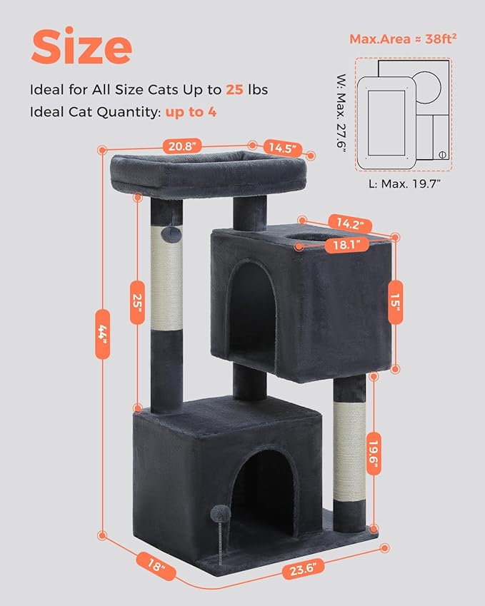 XL Cat Tower 44" Cat Tree for Large Cats 20 lbs+, 2 Spacious Condos with 3.4" Thickened Scratching Post, Large Top Perch, 2 Interactive Toys, Dark Grey