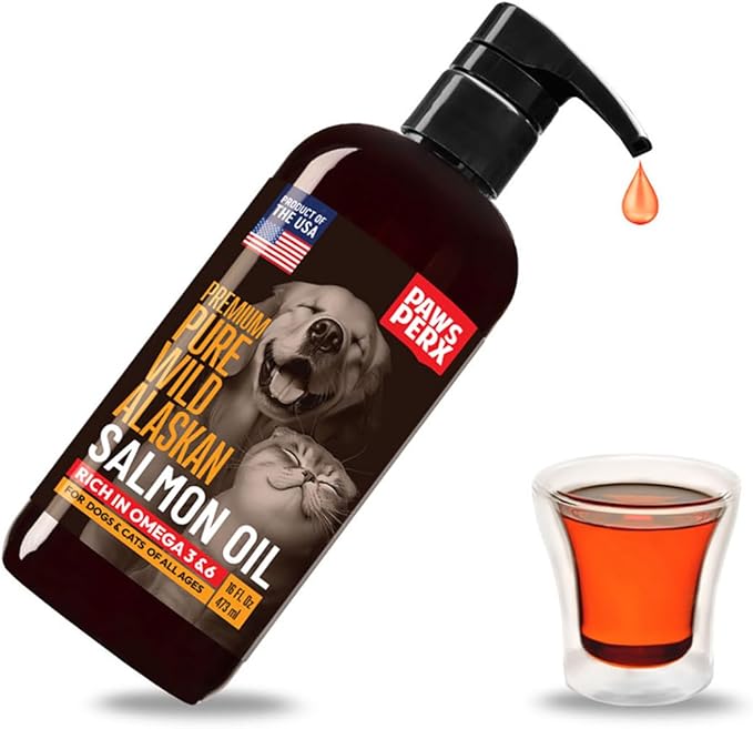 Salmon Oil Food Topper for Pets; Premium-Pure Alaskan Omega 3 Supplement; Improves Taste of Kibble; Supports Skin, Coat & Joints; Sustainably Sourced (One, 16 fl oz Bottle)