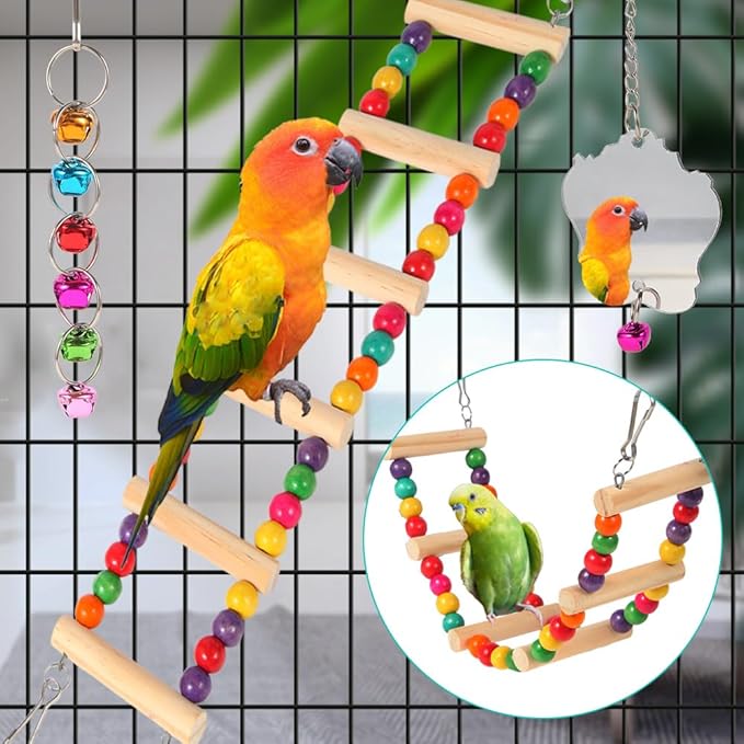 Bird Toys for Parakeets, Parrots, Conures, Cockatiels, Love Birds, Finches, Mynah, Budgerigar - 9Pcs Wooden Ladder Bridge, Swing, Hammock, Cage Accessories
