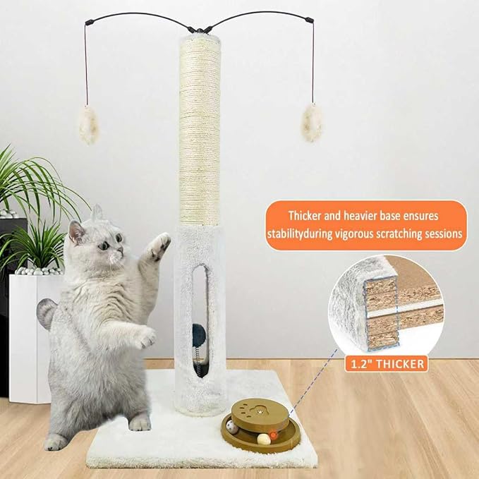 31" Cat Scratching Post Kitten Toys for Indoor Cats Interactive Scratcher with Tracking Ball, Sisal Scratch Rope for Large Cats,Sturdy Base Cat Scratch Post, (Beige, 31" H)