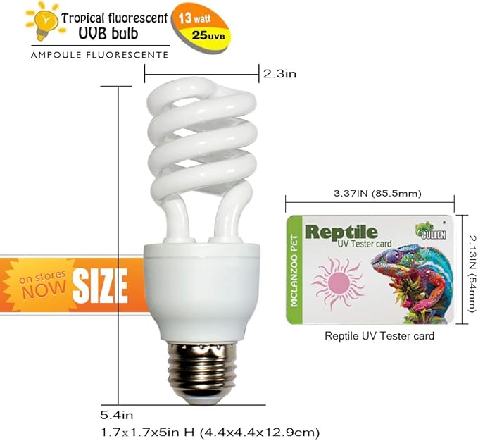 UVA UVB Light Reptile Bulb 5.0 13W Rainforest UVB Bulb Compact Fluorescent Terrarium Lamp with UV Tester Card for Bearded Dragon, Turtle, Snake, Gecko, Lizard