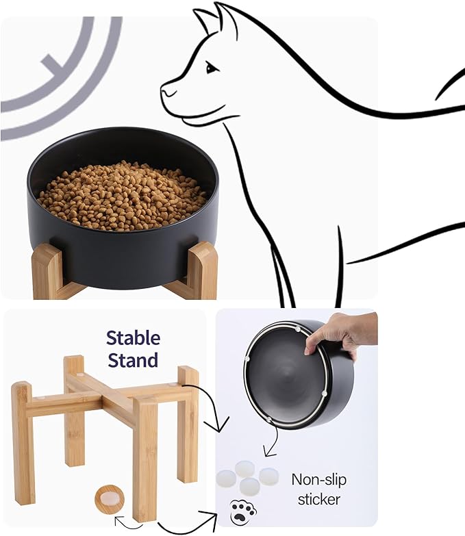 Black Elevated/Raised Dog Bowl Ceramic for Small Medium Sized Breed,Pet Food Water Bowl with Stand,6 in 3.6 Cups Non Slip Heavy Weighted Dog Dish