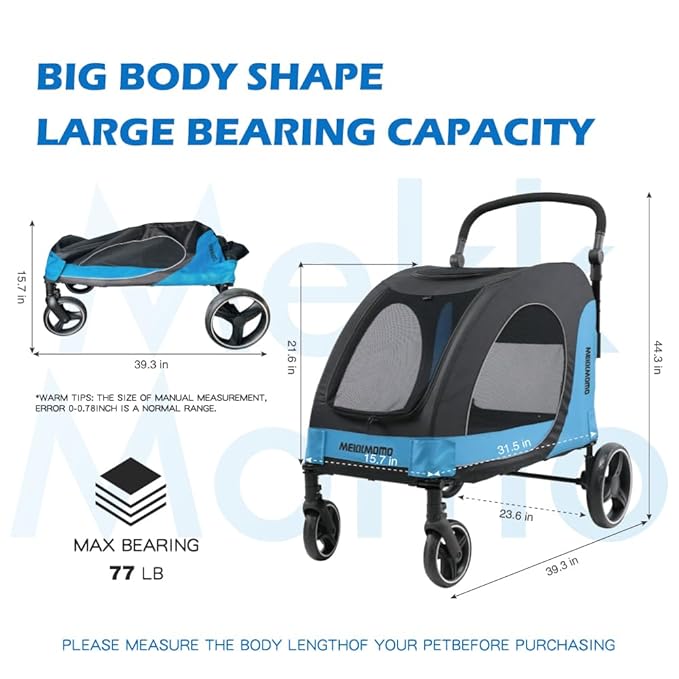 MekkMom Large Dog Cart - Adjustable Handle, Lightweight Foldable Pet Cart, Four Sided Ventilation, 360 Degree Rotating Front Wheel, Capacity 77 Pounds, Suitable for Travel and Exploration - Blue