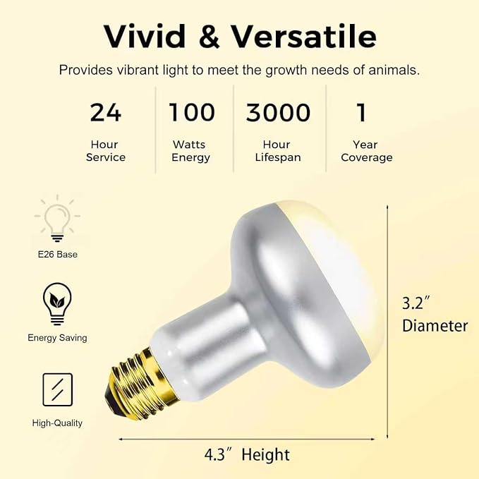 Reptile Heat Lamp 100W, 2 Pack Intense UVA Basking Light Bulbs, Flat-Base Heat Emitter, Heat Lamp Bulb for Reptile Chickens Pet Brooder