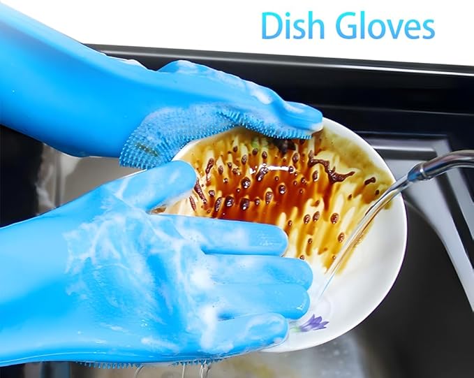 2 pairs Silicone Dishwashing & Pet Grooming Gloves - 2-in-1 Heat Resistant Gloves with High-Density Teeth, Enhanced Five Finger Design for Bathing, Cleaning Dishes, Cars, Dogs & Cats (Blue)