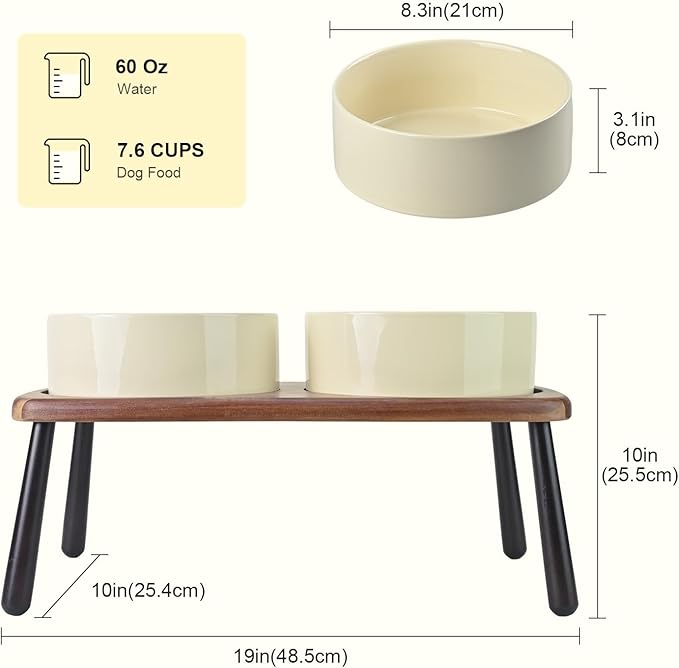 SPUNKYJUNKY Ceramic Elevated Dog Bowls Raised with Acacia Bamboo Wooden Stand, 8.3'' Dog Food Water Bowls Set Non-Slip for Medium Large Sized Breed Microwave Dishwasher Safe - 60 OZ,Beige