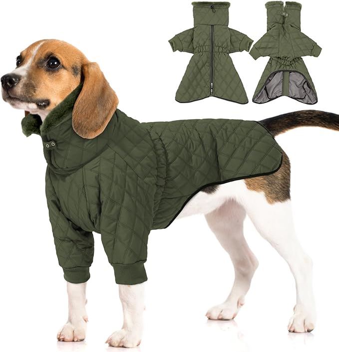 IDOMIK Dog Winter Coat for Large Dogs, Warm Dog Winter Jacket with Fleece High Collar, Zippered Cold Weather Coats for Dogs, Waterproof Doggy Snow Jacket Clothes,Green,2XL