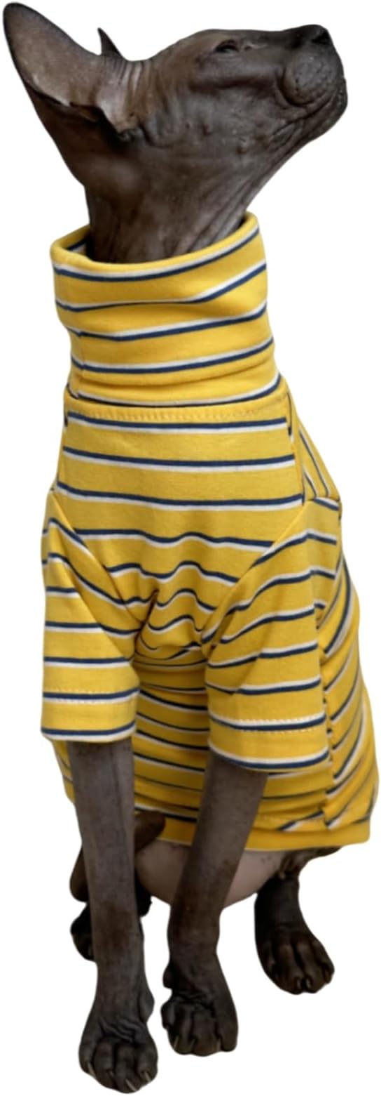 Vintage Stripes Sphynx Hairless Cats Shirt Cotton Cat Turtleneck Pet Clothes Kitten T-Shirts with Sleeves for Sphynx Cornish Rex, Devon Rex, Peterbald (Yellow Stripe, Large (Pack of 1))