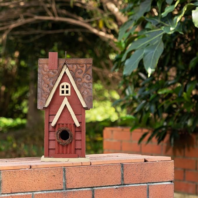 Glitzhome 12" H Distressed Red Cottage Solid Wood Birdhouse Hanging Bird House for Outdoors