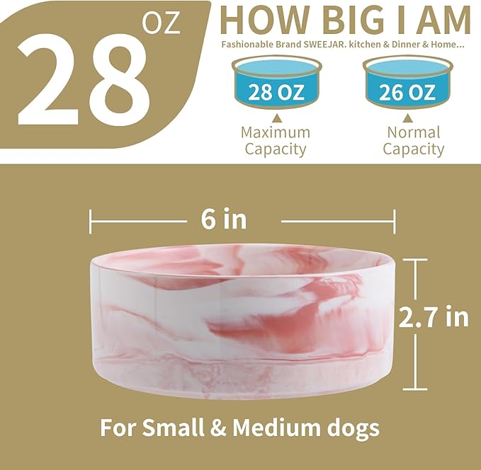 Elevated/Raised Dog Bowl Ceramic for Small Medium Sized Breed,Dog Food Water Bowl with Stand,6 in 3.6 Cups Non Slip Heavy Weighted Dog Dish Marble Pink