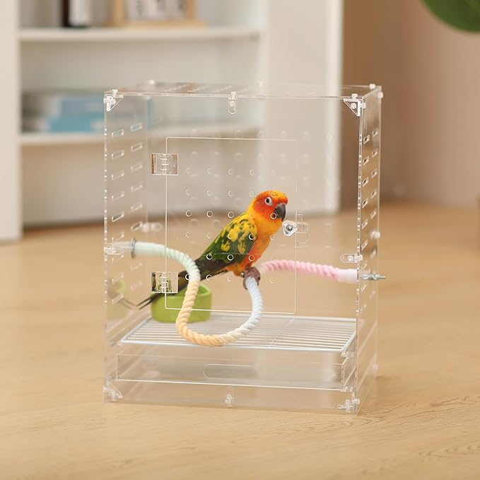 Clear Acrylic Bird Cage for Small Birds, Transparent Display Habitat for Finch, Canary, Parakeet - Easy to Clean & Assemble (9x12x15in)
