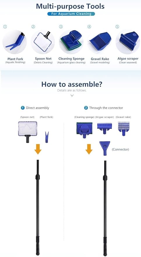 5 in 1 Aquarium/Fish Tank Cleaning Kit/Tool, Algae Scraper, Fish Net, Sponge, Plant Fork, Gravel Rake, Length Adjustable from 21 inches to 31 inches (Extendable)