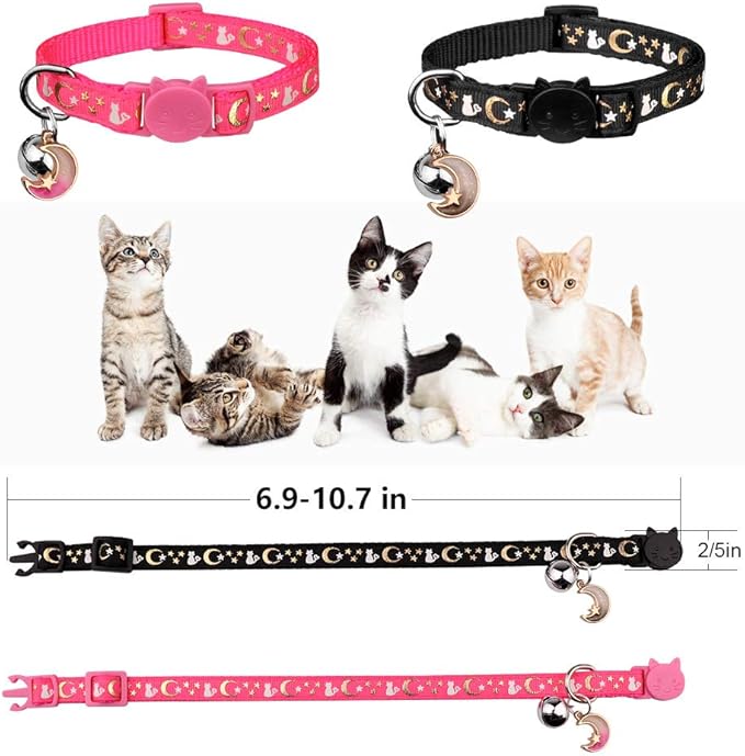2PCS Breakaway Cat Collars with Bell Moons Stars Cute Kitty Adjustable Safe Kitten Collars with Pendant Glow in The Dark(Black&Pink)