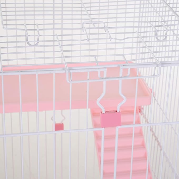 PawHut 4-Level Small Animal Cage Rabbit Hutch with Wheels, Removable Tray, Platform and Ramp for Bunny, Chinchillas, Ferret, Pink