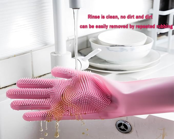 1 pairs Silicone Dishwashing & Pet Grooming Gloves - 2-in-1 Heat Resistant Gloves with High-Density Teeth, Enhanced Five Finger Design for Bathing, Cleaning Dishes, Cars, Dogs & Cats (Pink)
