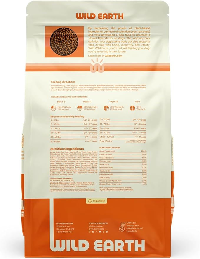 Wild Earth Vegan Dry Dog Food | Plant-Based Maintenance Formula | Vegetarian, Allergy Relief, Veterinarian-Developed for Complete Nutrition | Classic Roast Flavor, 4 Pound Bag