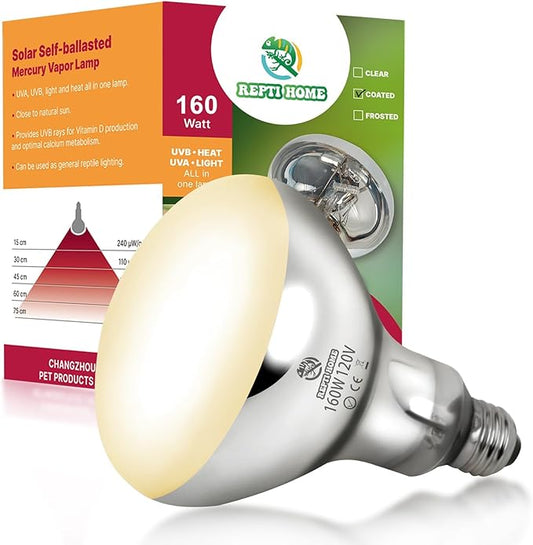 160W UVA UVB Vapor Reptile Heat Lamp, High Intensity Self-Ballasted UVB Basking Lamp Bulb,Full Spectrum Sun Light for Reptiles and Amphibians