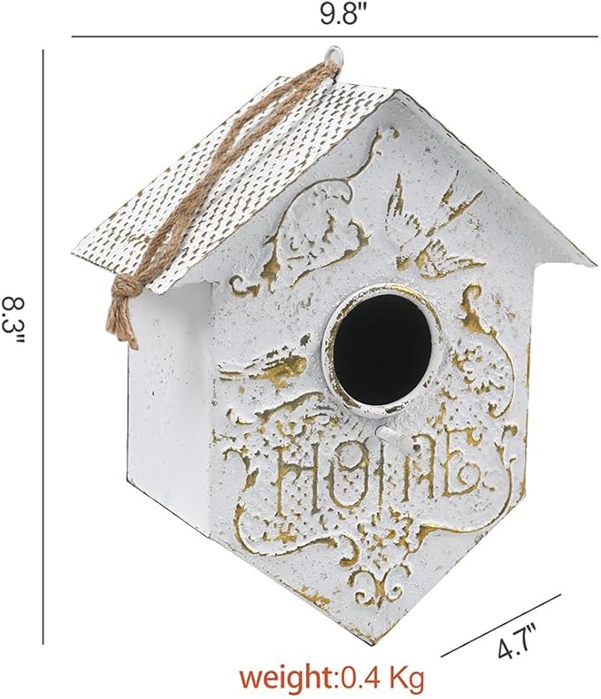 Vintage Hanging Bird Houses for Outside Metal Bird Nest Box for Bluebird Wren Chickadee Sparrow Garden Patio Outdoors Birdhouses Unique Distressed White Decoration