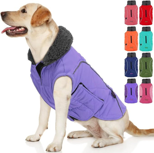 EMUST Thick Winter Dog Coat for Medium Boys - with Harness Hole for Cold Weather - Purple, M