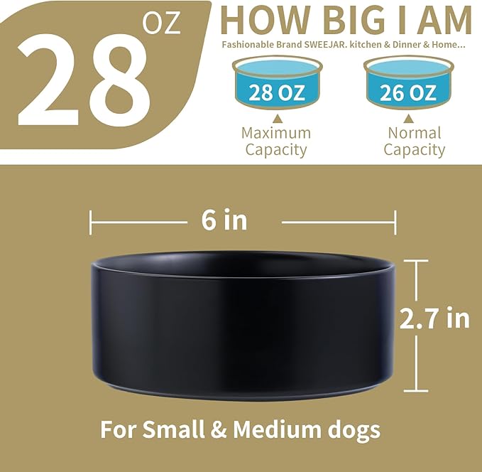Black Elevated/Raised Dog Bowl Ceramic for Small Medium Sized Breed,Pet Food Water Bowl with Stand,6 in 3.6 Cups Non Slip Heavy Weighted Dog Dish
