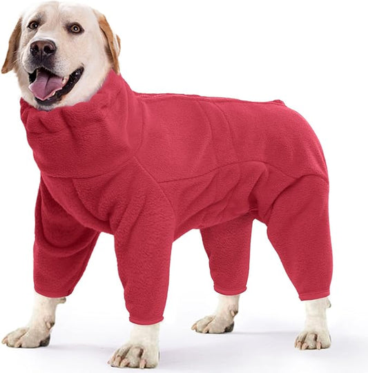 ROZKITCH Dog Winter Coat Soft Fleece Pullover Pajamas, Pet Windproof Warm Cold Weather Jacket Vest Cozy Jumpsuit Apparel Outfit Clothes for Small Medium Large Dog Walking Hiking Sleep Red L