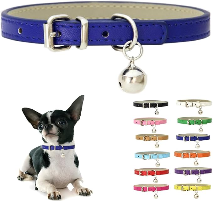 Dark Blue Puppy Collar with Bell, Soft Pu Leather Cat Collars Adjustable Buckle for XXS XS Extra Small Medium Tiny Female Male Boys Girls Pets Dogs Kitten Teacup Yorkie S
