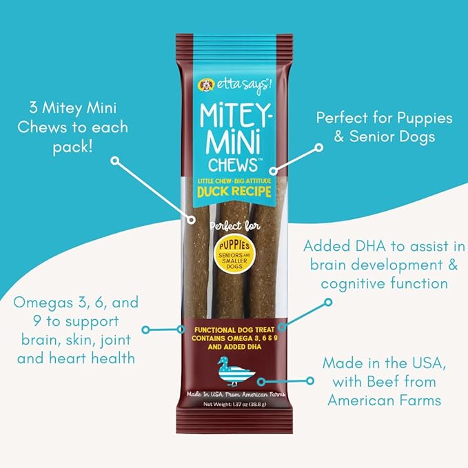 etta says! Mitey Mini Chews Dog Treats - Made in The USA - Grain-Free and Odor-Free - All-Natural Dog Chews - Perfect for Puppies and Senior Dogs - with Omega 3, 6, and 9 - Duck - 6 Pack
