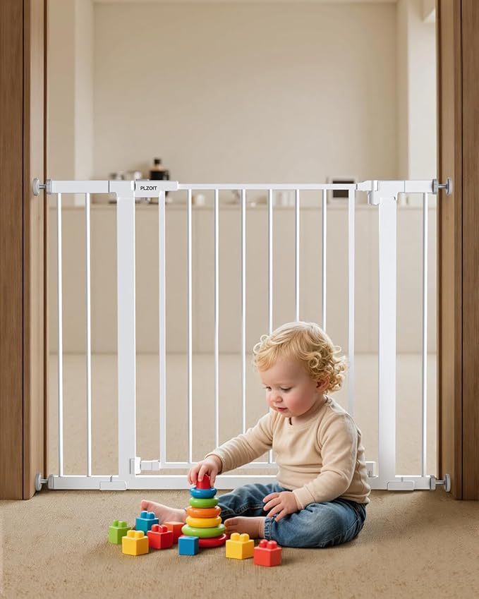 29.5-40.5" Baby Gate for Stairs, Dog Gate for Doorways, Walk Thru Auto Close Metal Baby Safety Gate for The House, Stairs and Doorways, Child Gate Pressure Mounted, Pet Gate for Dog Indoor - White