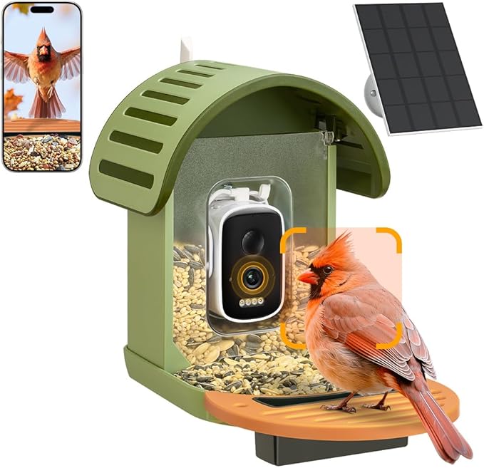 Smart Bird Feeder with Camera, 2.5K UHD Bird Feeder Camera Solar Powerd, Sensitive AI Identification, Instant Alerts Capture Video, IP66 Waterproof for Outdoor, Ideal Gift, Green