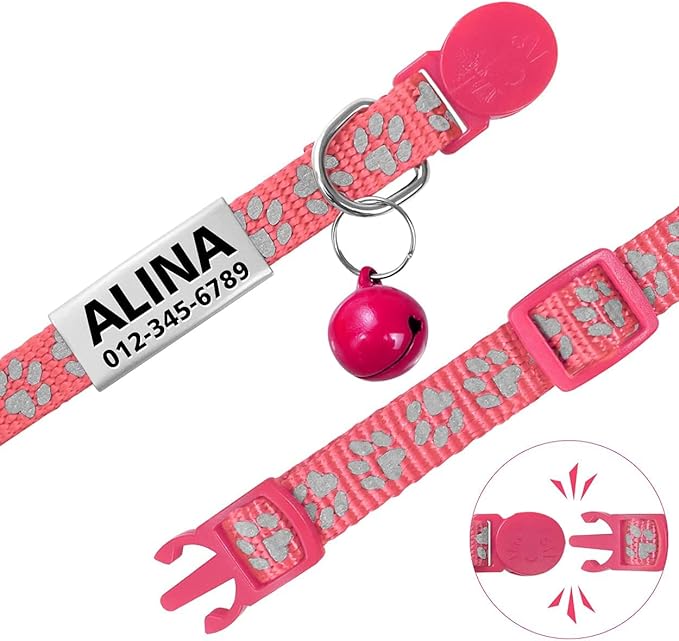 TagME 2 Pack Cat Collar with Name Tag, Personalized Reflective Cat Collar Breakaway with Bell for Boy & Girl Cats, Pink
