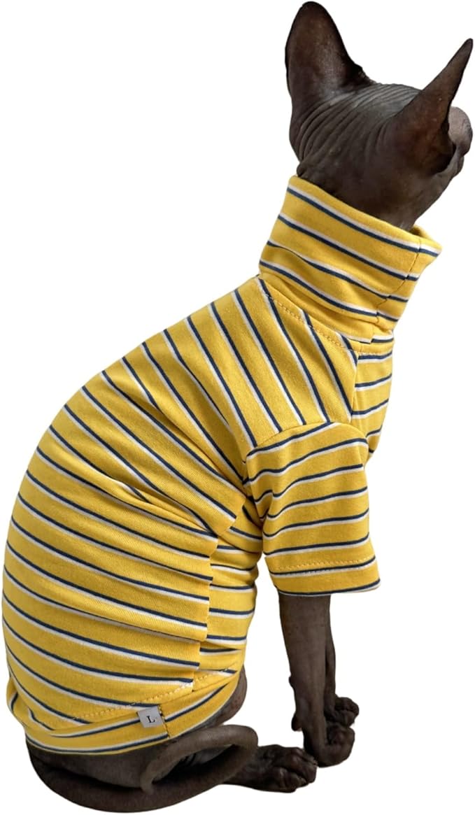 Vintage Stripes Sphynx Hairless Cats Shirt Cotton Cat Turtleneck Pet Clothes Kitten T-Shirts with Sleeves for Sphynx Cornish Rex, Devon Rex, Peterbald (Yellow Stripe, Large (Pack of 1))
