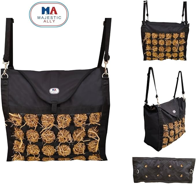 Majestic Ally Animal Health Hay Bag for Horses, 2.5" Holes, Top Load, Travel Feeder, Reduces Waste, 1 Year Warranty, Multiple Colors (Black-Black)