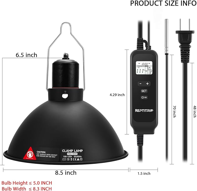 8.5-Inch Day/Night Thermostatic Reptile Heat Lamp with 150W Ceramic Heat Emitter (Non-Light Emitting) - Heat Lamp Temperature Controller for Bearded Dragons, Snakes & Lizard, E26