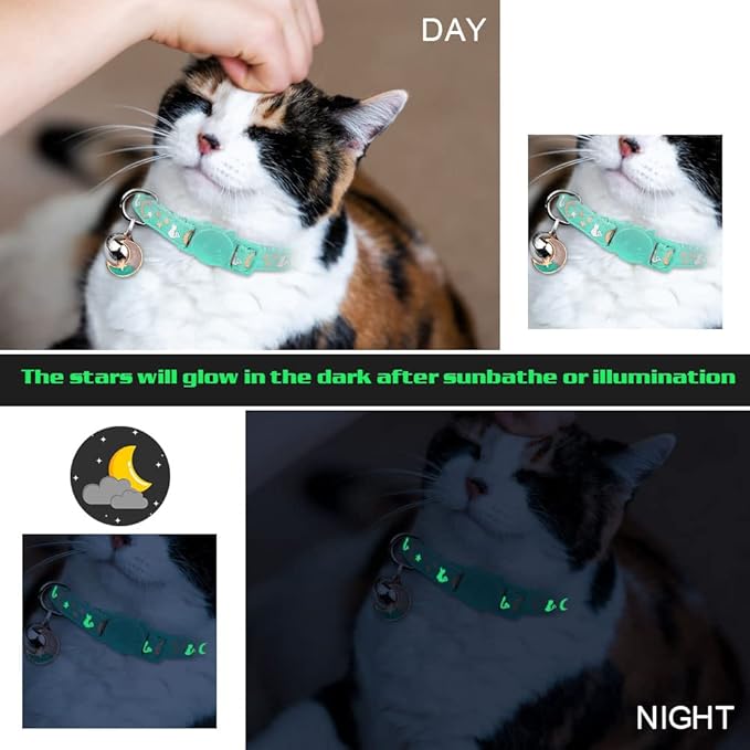 2PCS Breakaway Cat Collars with Bell Moons Stars Cute Kitty Adjustable Safe Kitten Collars with Pendant Glow in The Dark(Purple&Teal)