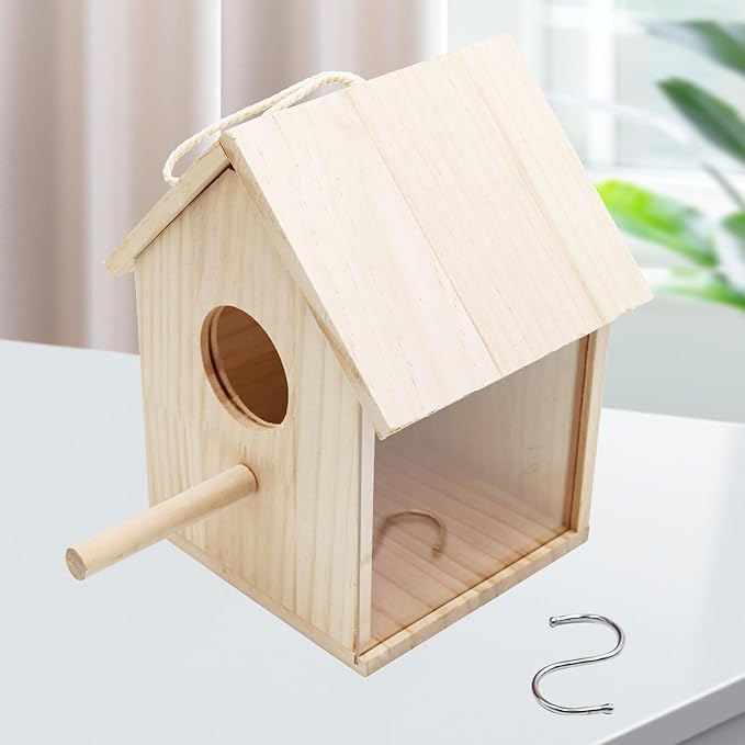 Large Bird House for Outside, Outdoor Wooden Birdhouse with Transparent Acrylic Window, Bird Nest Box with Pole for Garden Patio, Hanging Birdhouse for Sparrow Hummingbird Finch 5.7 × 5.7 × 8.7 Inches
