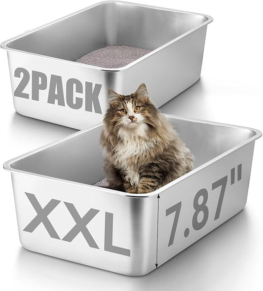 GOLDENKEY 2 Pack 23.6"x 15.7"x 8" Extra Deep & Large Stainless Steel Cat Litter Box with High Sides,XXL Metal Litter Box for Big Cat,Non Stick Odorless Easy to Clean
