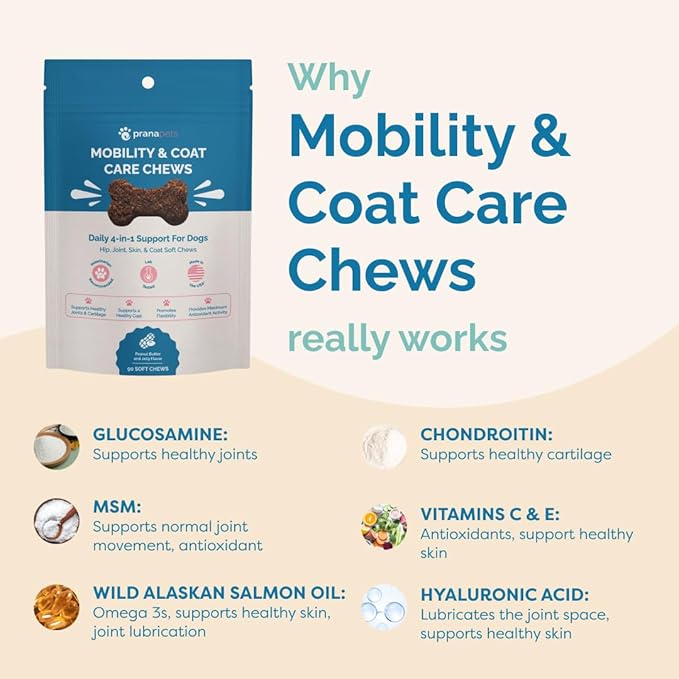 PranaPets Mobility & Coat Care Chews for Dogs & Puppies | Joint Supplement | Skin & Coat Health | Peanut Butter & Jelly Flavor | 90 Soft Chews