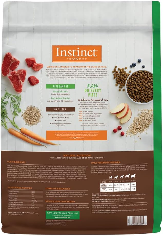 Instinct Be Natural, Natural Dry Dog Food, Raw Coated Kibble - Real Lamb & Oatmeal, 24 lb. Bag