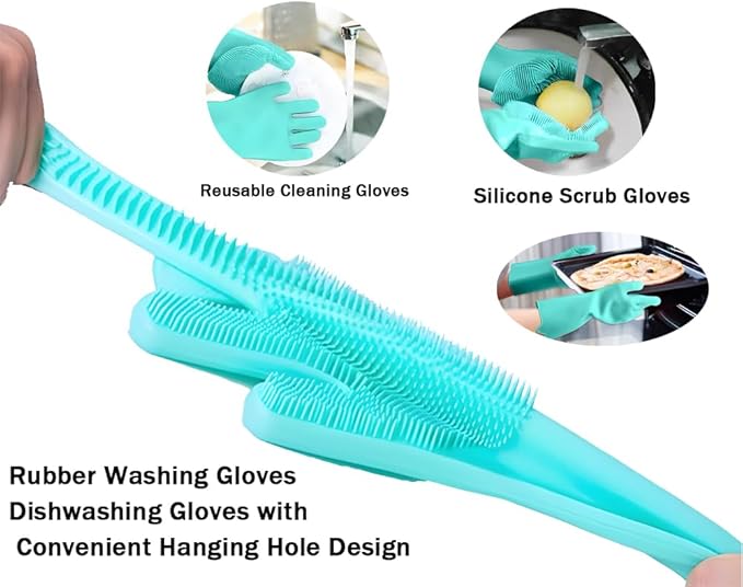 1 pairs Silicone Dishwashing & Pet Grooming Gloves - 2-in-1 Heat Resistant Gloves with High-Density Teeth, Enhanced Five Finger Design for Bathing, Cleaning Dishes, Cars, Dogs & Cats(Green)