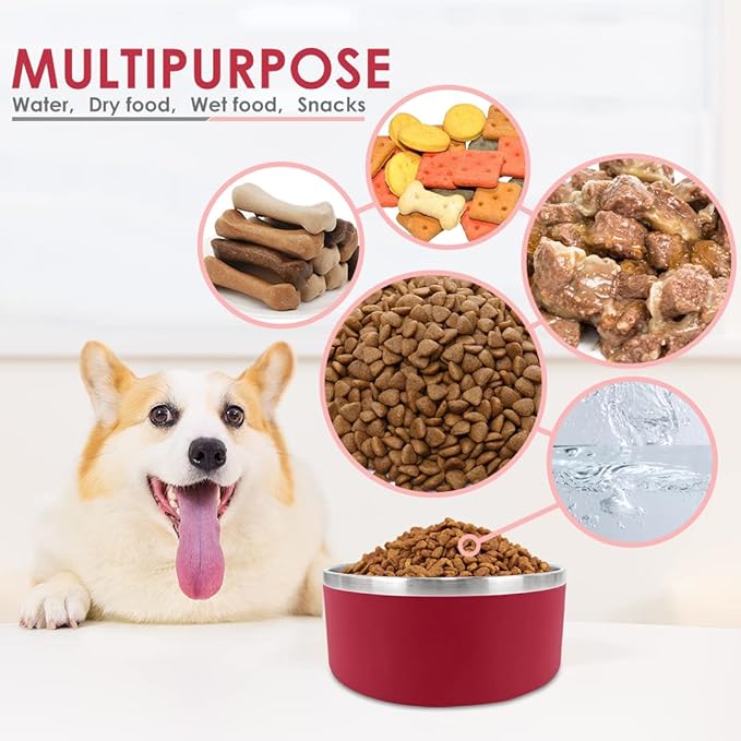 IKITCHEN Dog Bowl for Food and Water, 40 Oz Stainless Steel Pet Feeding Bowl, Durable Non-Skid Double Wall Insulated Heavy Duty with Rubber Bottom for Medium Large Dogs (40 Ounces/5 Cup, Red)