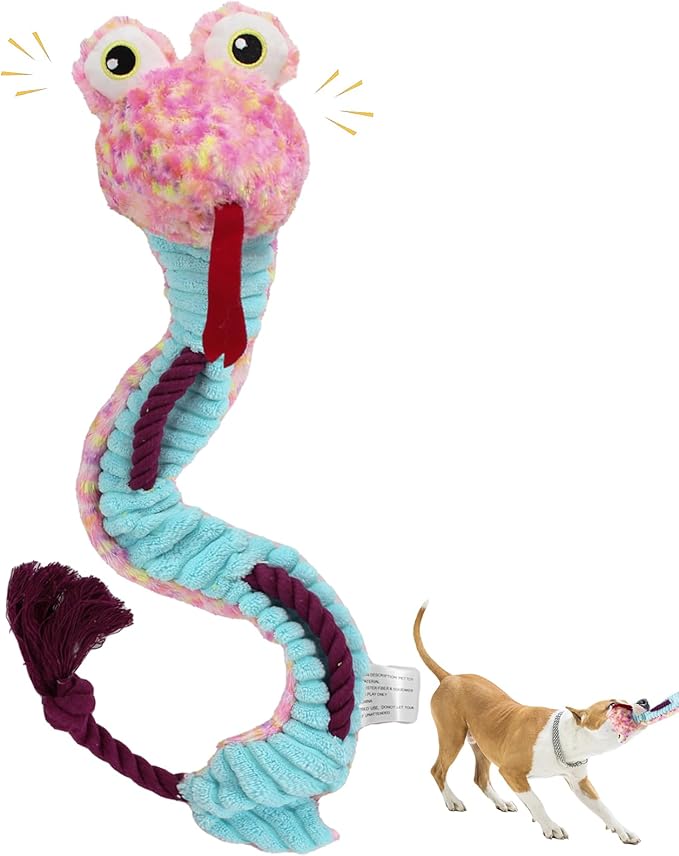 Crinkle Dog Toys Squeaky Plush No Stuffing Cute Puppy Stuffless Tough Rop Pull Toy, Fun Dog Stuffed Animals Durable Chew Set for Small Medium Large Pup (Large, Snake)